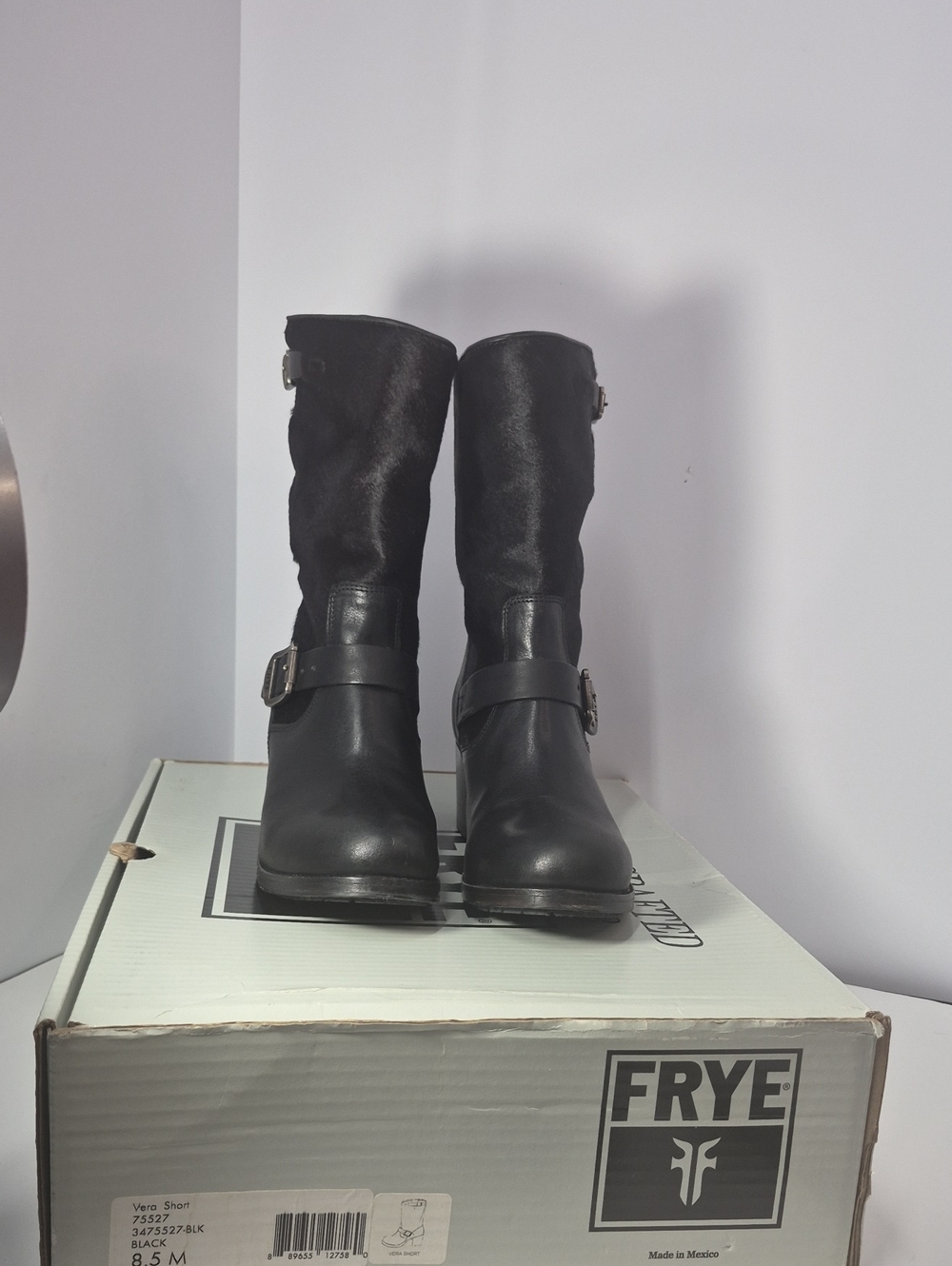 Frye Black Mid-Calf Harness Boots with Buckle Detail